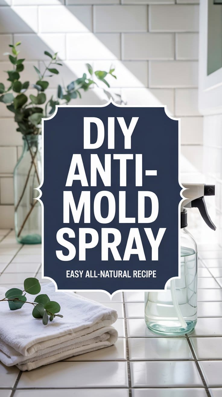 A spray bottle, folded white towels, and a vase with greenery on a white tiled surface. Overlaid text reads: “DIY Anti-Mold Spray. Easy all-natural recipe.” Bright, clean bathroom setting.