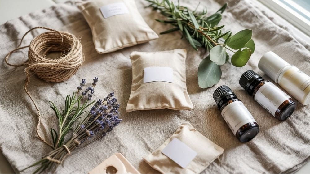 A flat lay of natural spa items on a fabric surface, including diy sachets, sprigs of lavender and rosemary, eucalyptus leaves, essential oil bottles, a spool of twine, and a bar of soap.
