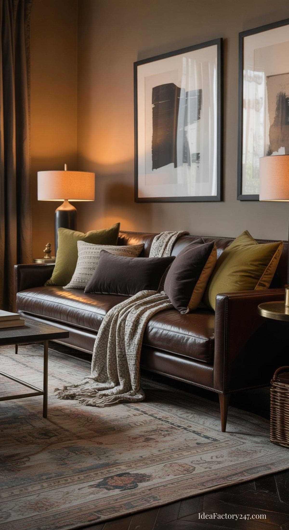 A cozy living room with a dark leather sofa, neutral and olive throw pillows, a knitted blanket, two table lamps, abstract wall art, and a patterned rug, all in warm, earthy tones.
