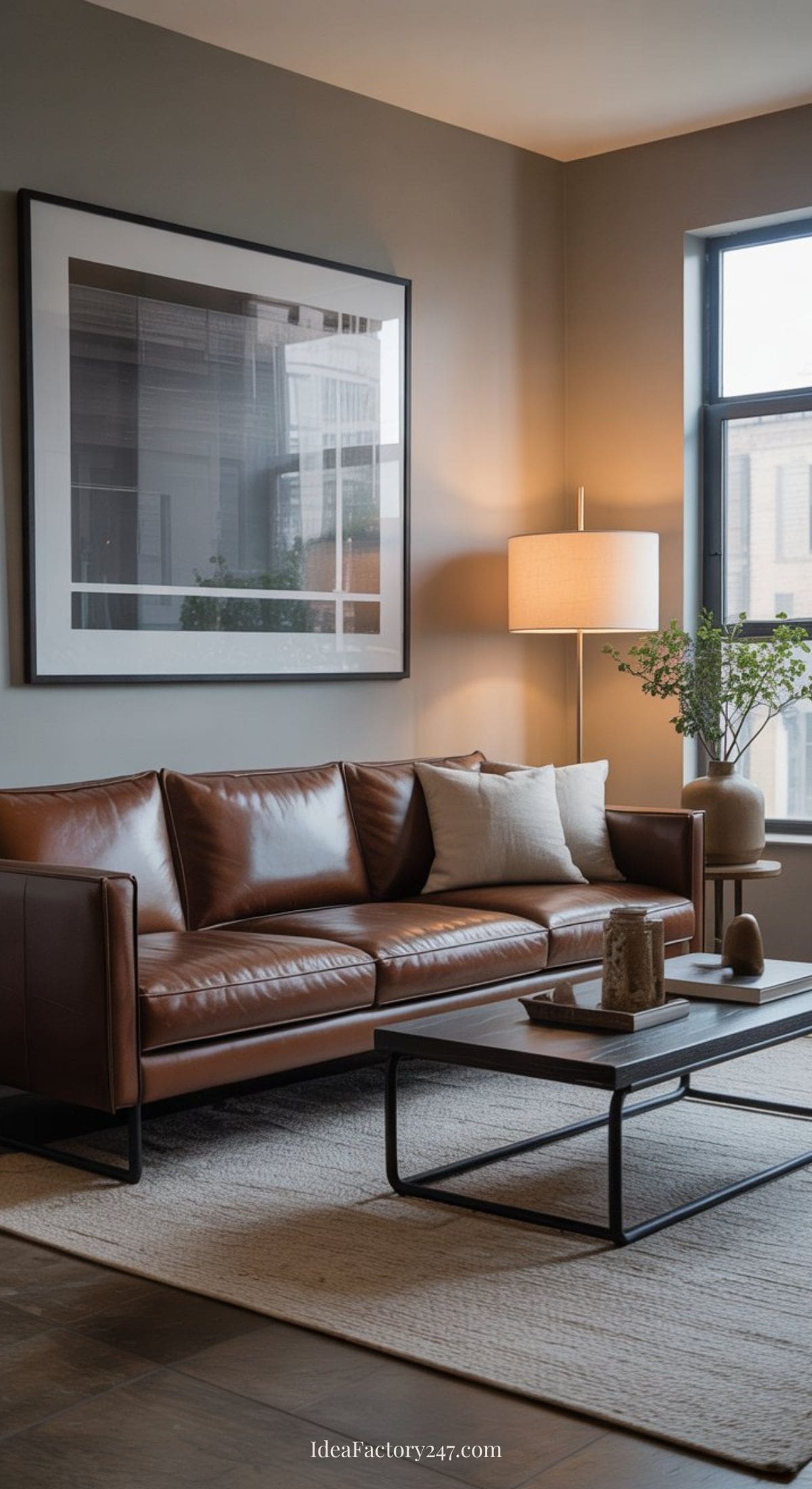 A modern living room with a brown leather sofa, neutral pillows, a floor lamp, a large framed photo on the wall, a minimalist coffee table, and a potted plant by tall windows letting in natural light.