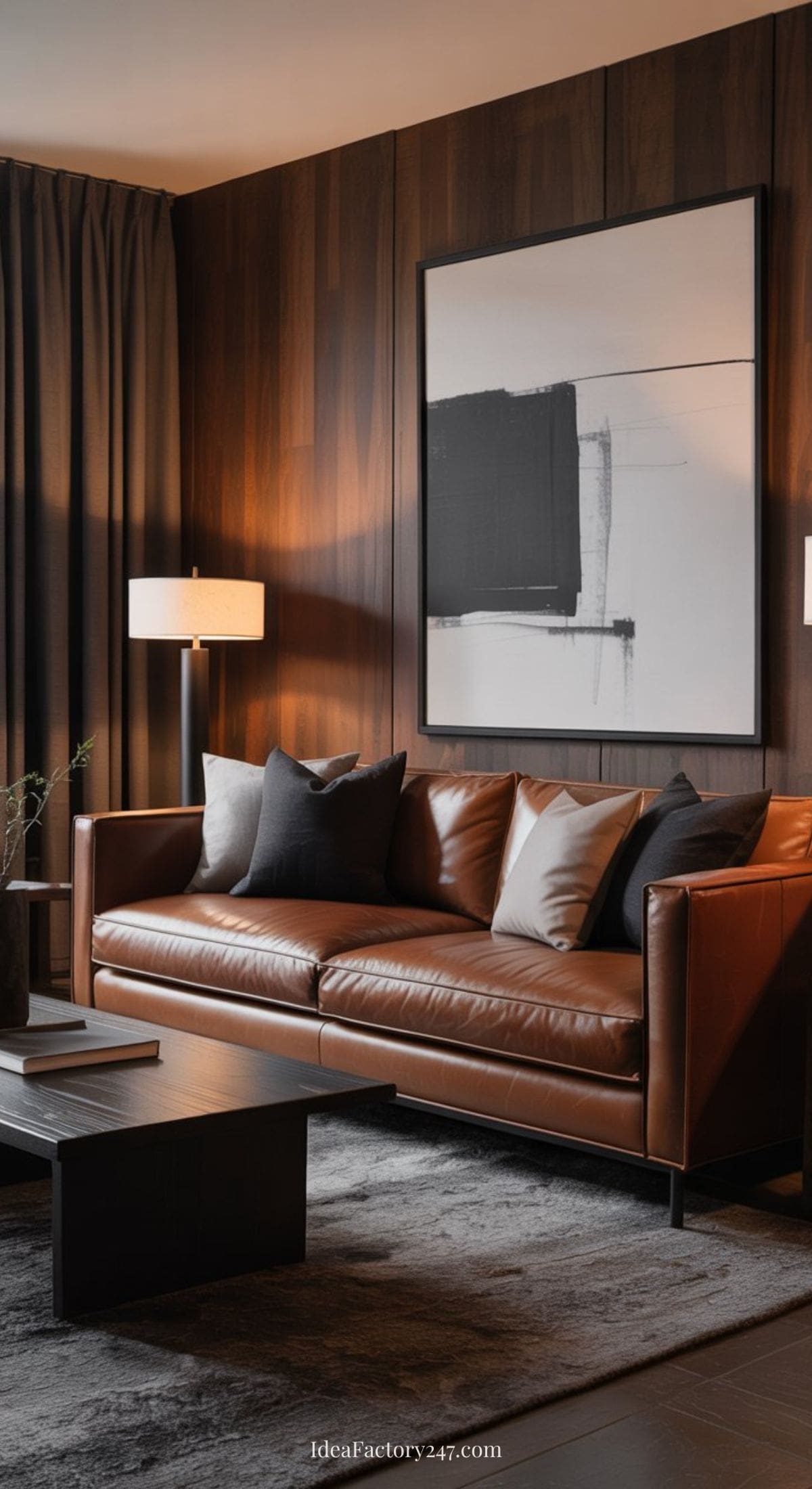 A brown couch with pillows in a room.