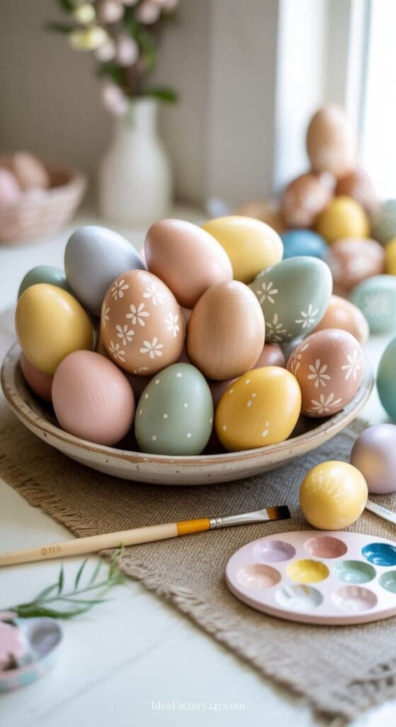 A bowl filled with pastel-colored Easter eggs, some decorated with white floral patterns, sits on a table beside a paintbrush, a paint palette, and a few scattered eggs. Soft light brightens the festive scene.