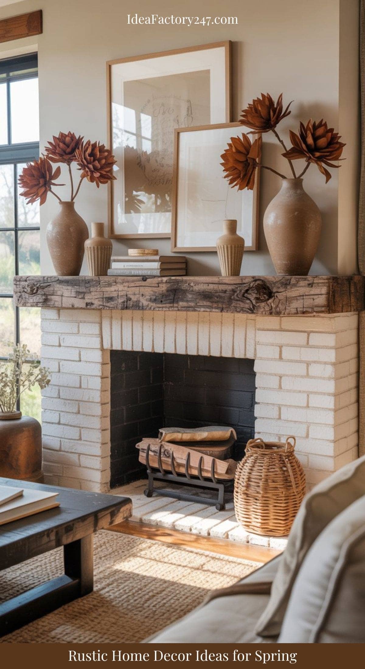 A rustic living room features a white brick fireplace decorated with brown vases, dried flowers, framed art, books, and a wicker basket, creating a cozy spring atmosphere.
