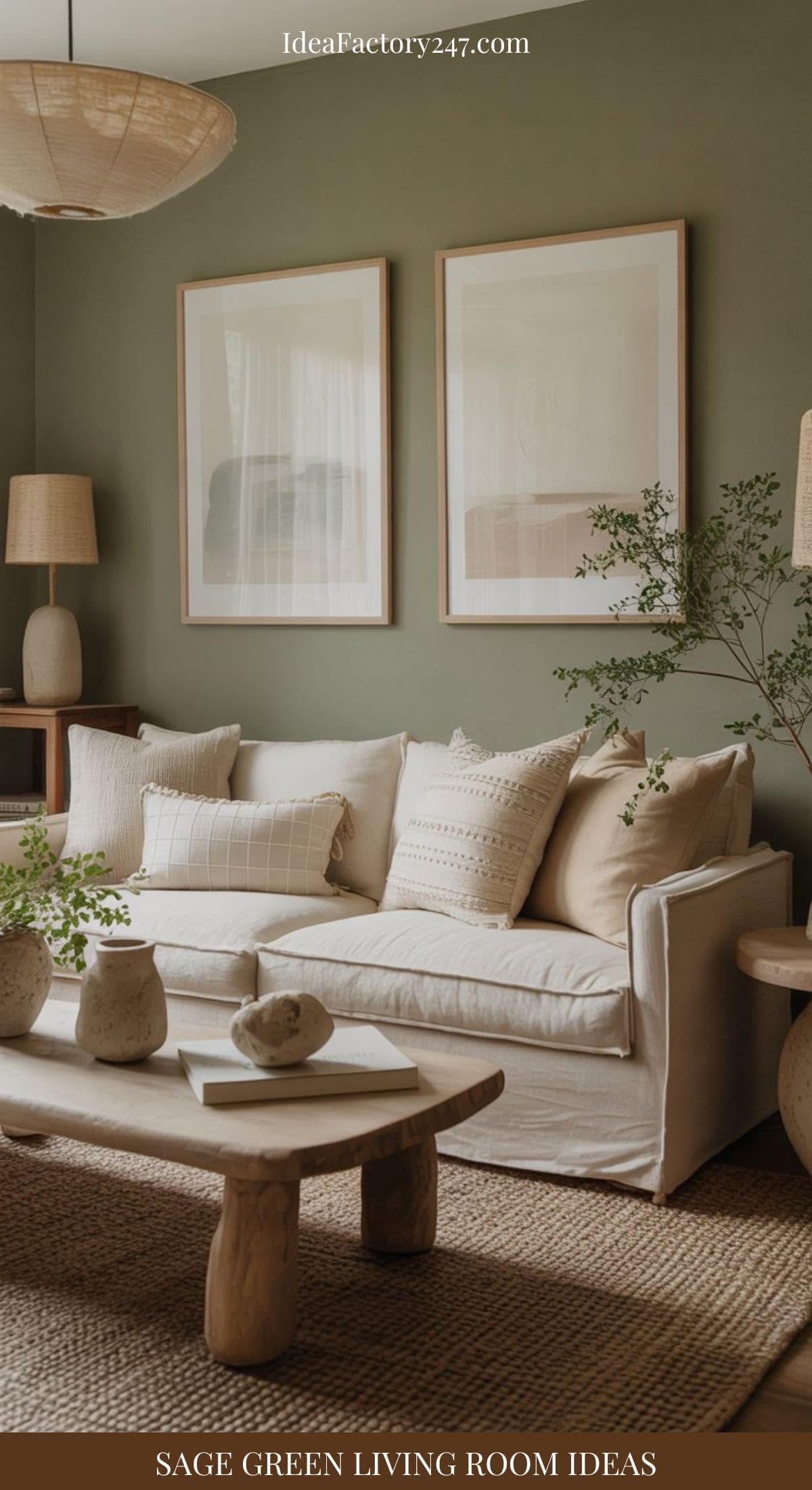 A cozy sage green living room features a white sofa, neutral cushions, a light wood coffee table, ceramic vases with green plants, and walls adorned with two framed artworks. Natural light fills the space.