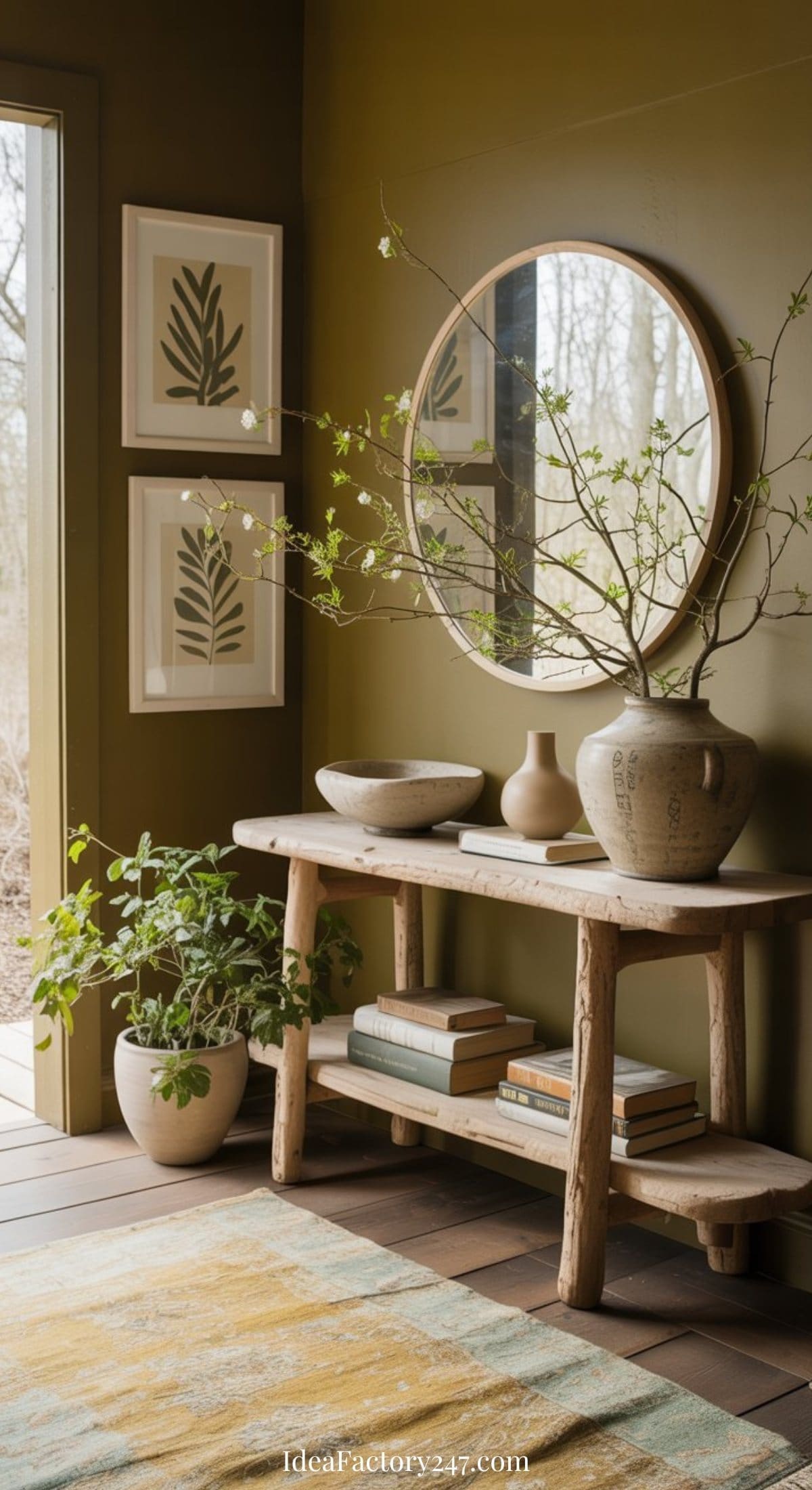 A cozy spring entryway decor features earthy green walls, a round mirror, framed leaf prints, a rustic wooden table with pottery and vases, potted plants, stacked books, and a yellow patterned rug. Sunlight pours in from an open door.