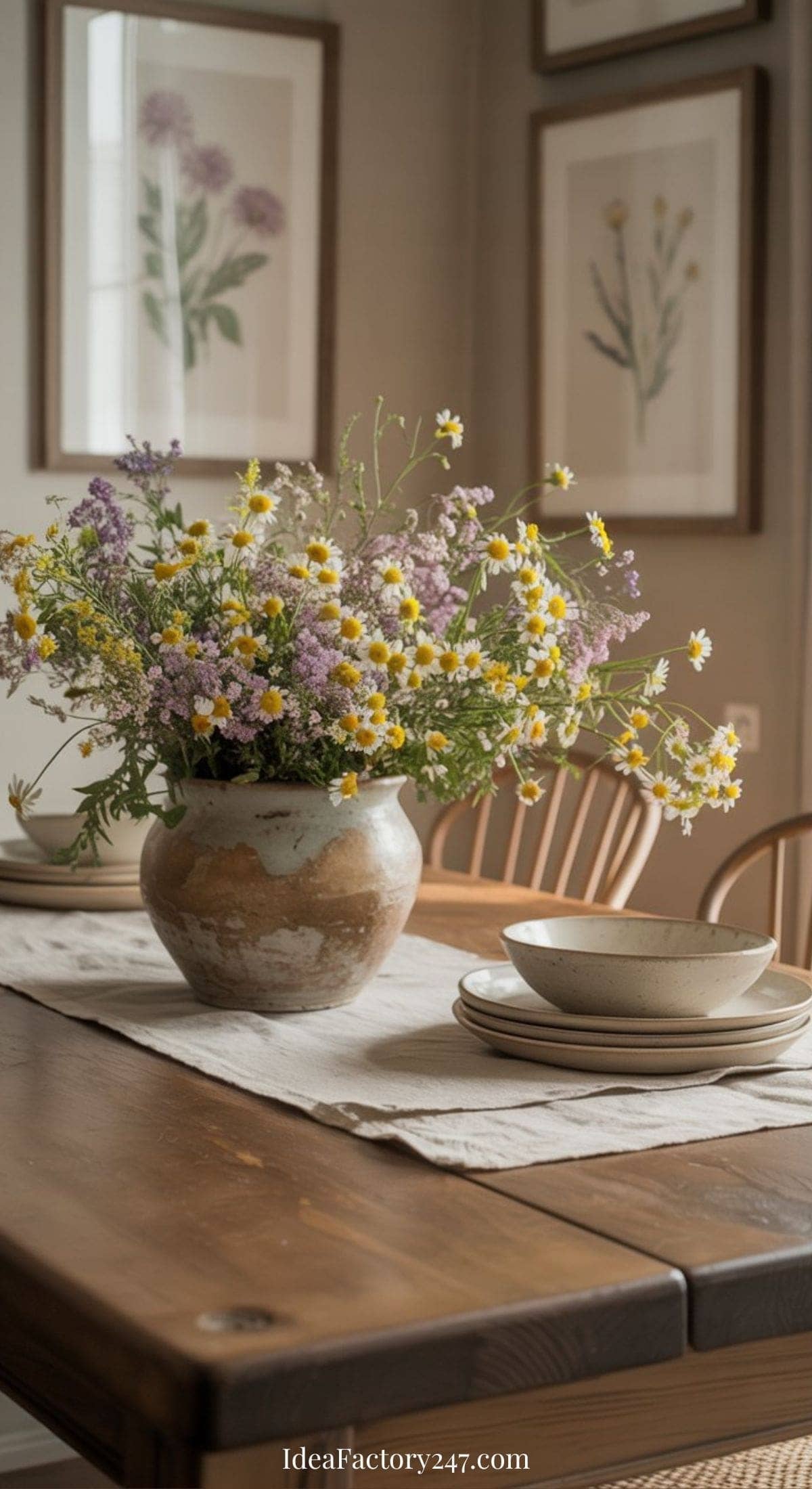 A rustic earthenware vase filled with wildflowers sits on a wooden dining table set with plates and bowls. Botanical artwork hangs on the wall in the softly lit background.