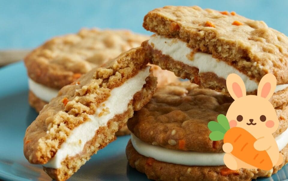 A plate of carrot cake cookies filled with creamy frosting, stacked on top of each other. An illustrated bunny holding a carrot is overlaid in the bottom right corner.