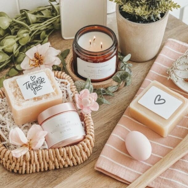 A wooden table displays soaps, a lit candle, a small jar, an egg, a wooden spoon, flowers, a plant in a pot, and a pink-striped cloth, creating a cozy and natural spa-like arrangement.