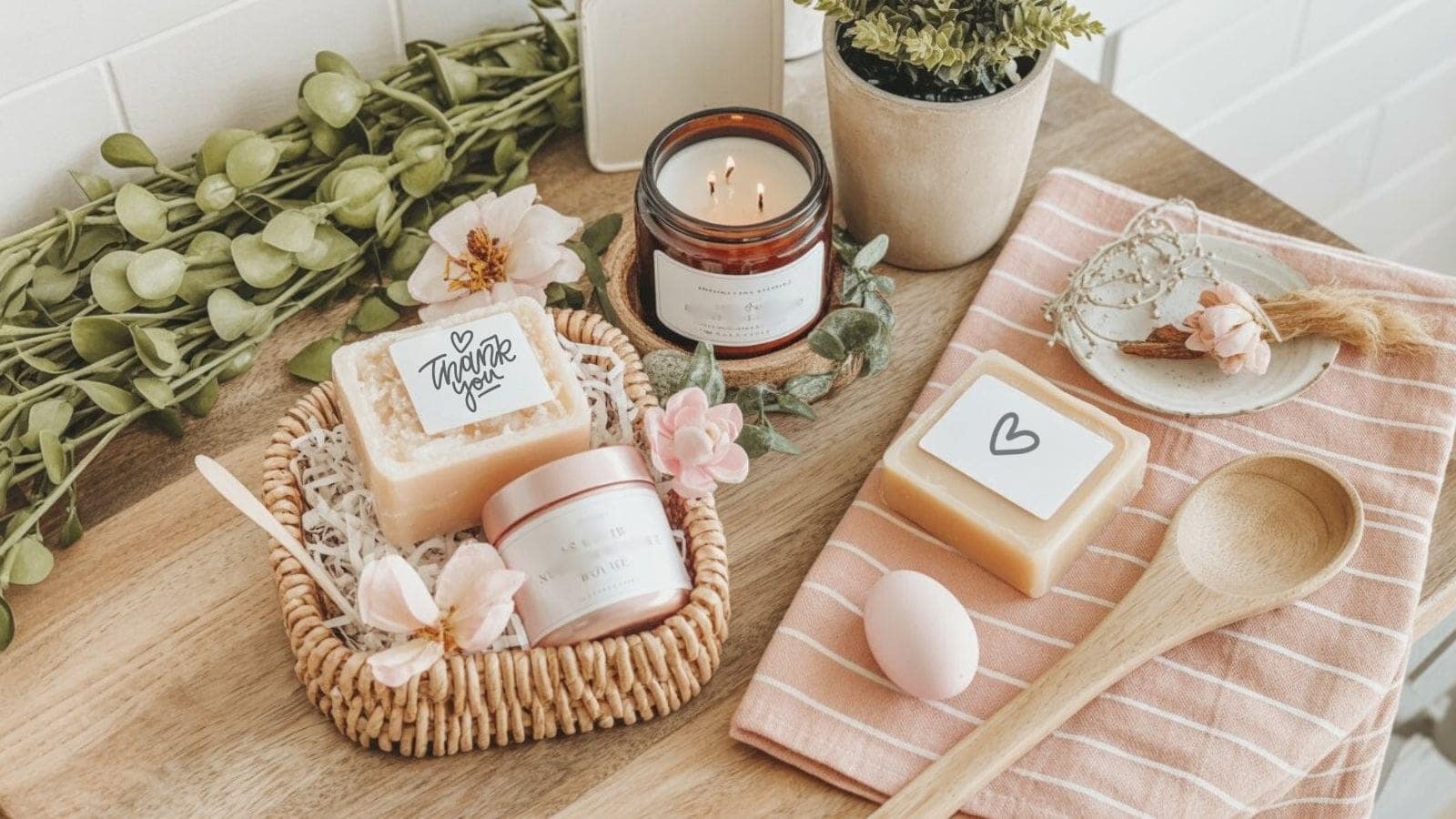 A wooden table displays soaps, a lit candle, a small jar, an egg, a wooden spoon, flowers, a plant in a pot, and a pink-striped cloth, creating a cozy and natural spa-like arrangement.