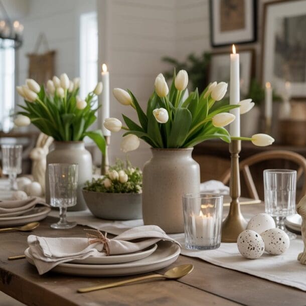 A rustic dining table set for a meal features white plates, gold utensils, napkins, white tulips in vases, lit candles, decorative eggs, and a ceramic bunny, with natural light filling the cozy, farmhouse-style room.