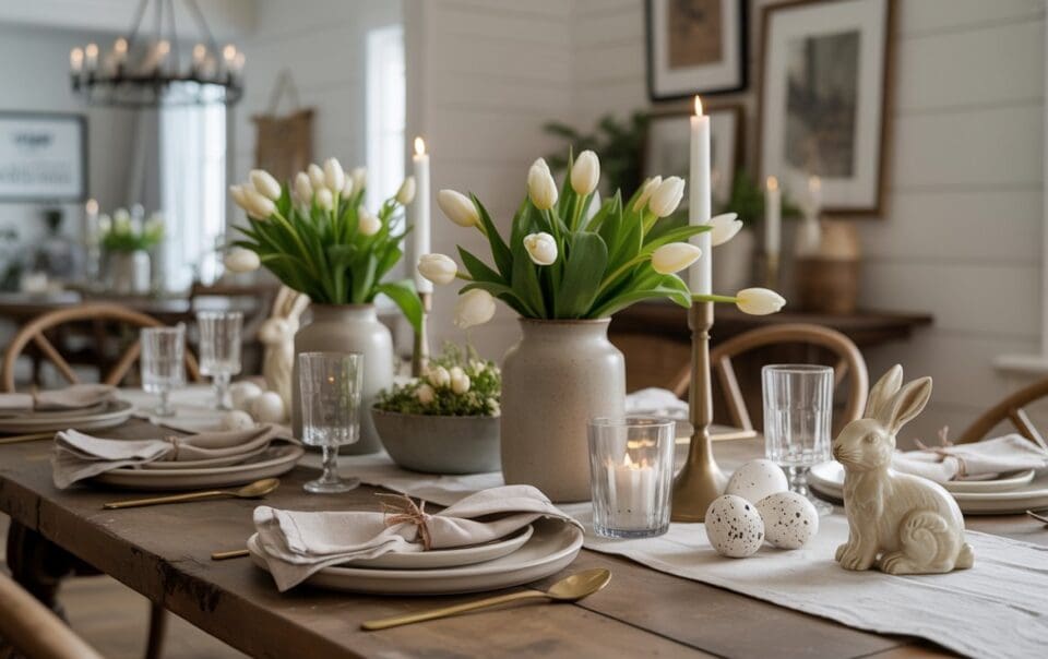 A rustic dining table set for a meal features white plates, gold utensils, napkins, white tulips in vases, lit candles, decorative eggs, and a ceramic bunny, with natural light filling the cozy, farmhouse-style room.