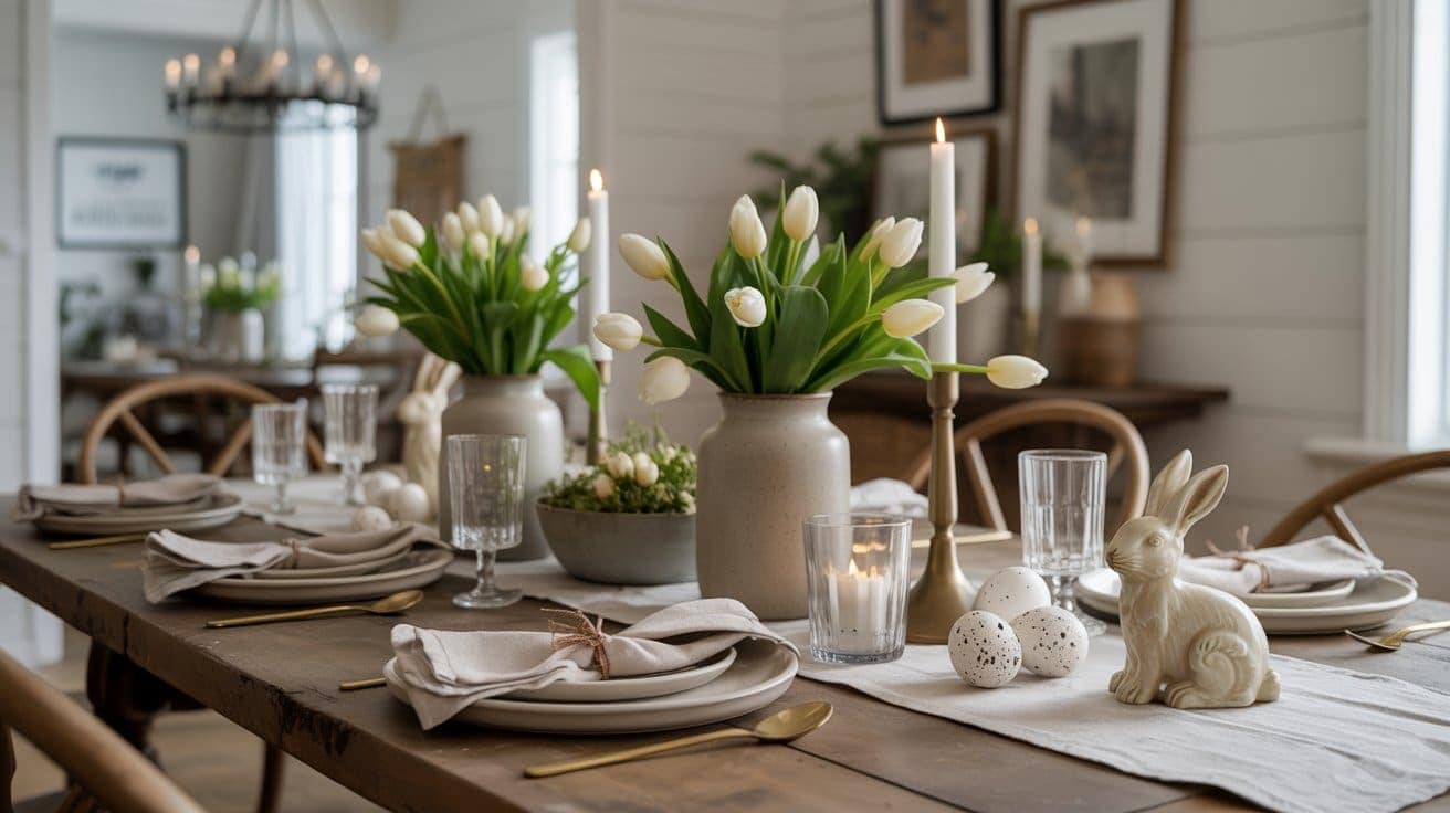A rustic dining table set for a meal features white plates, gold utensils, napkins, white tulips in vases, lit candles, decorative eggs, and a ceramic bunny, with natural light filling the cozy, farmhouse-style room.