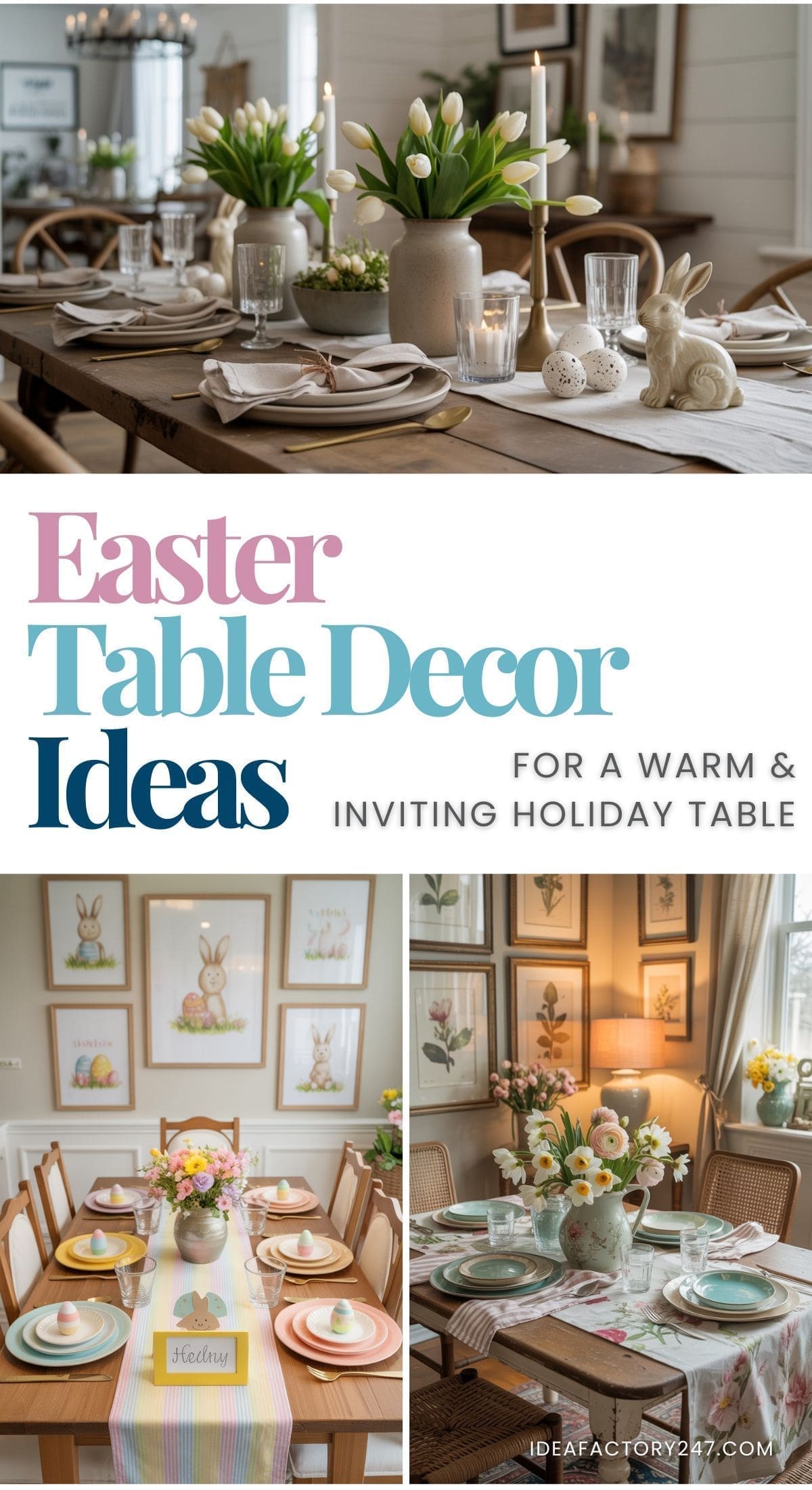 A collage of elegant Easter table settings featuring pastel decorations, floral centerpieces, bunny figurines, and festive tableware. Text reads: Easter Table Decor Ideas for a warm & inviting holiday table.