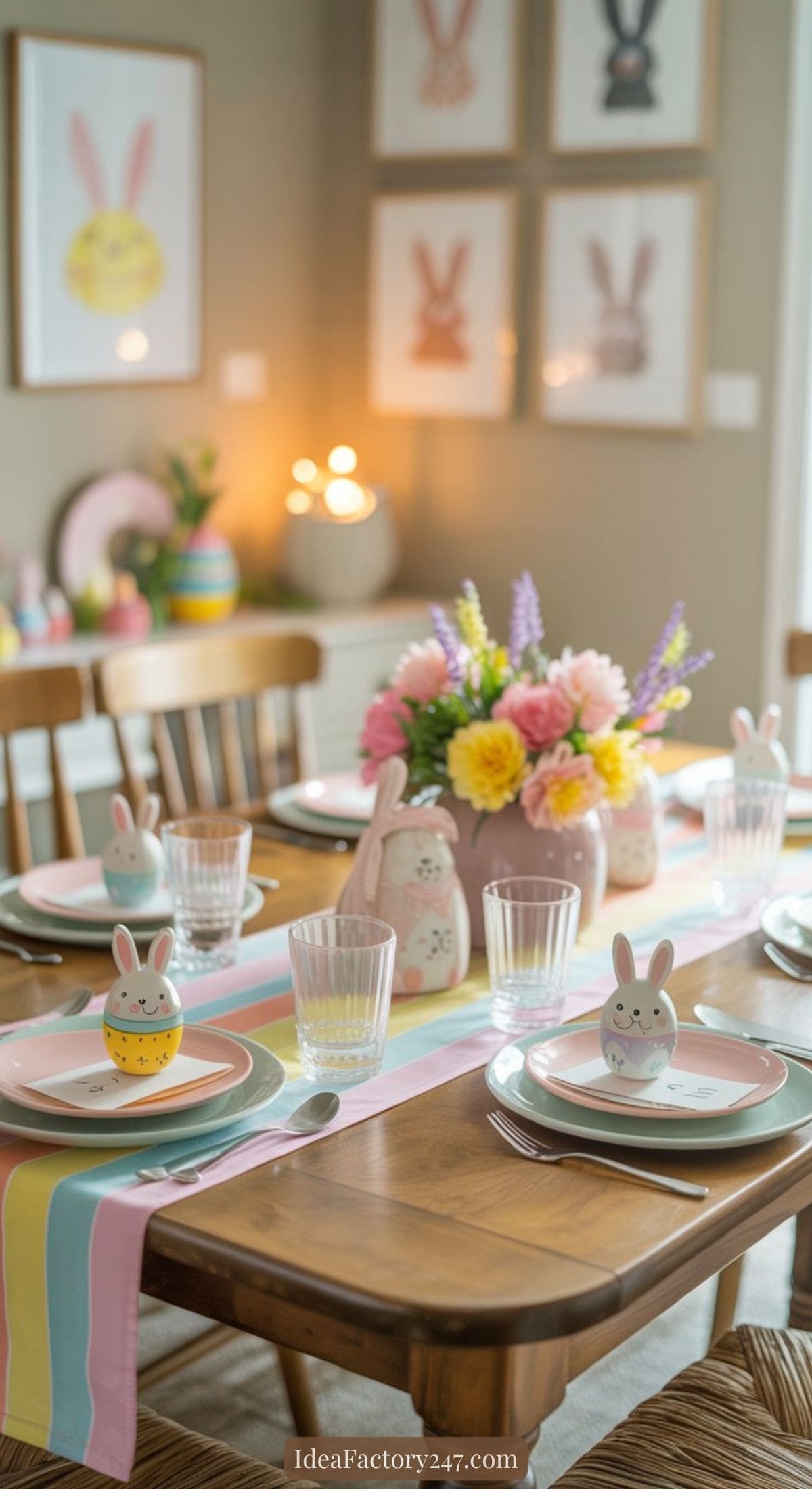A wooden dining table set for Easter with pastel plates, bunny-shaped egg cups, glassware, a colorful striped table runner, and a bouquet of spring flowers; bunny art decorates the wall in the background.