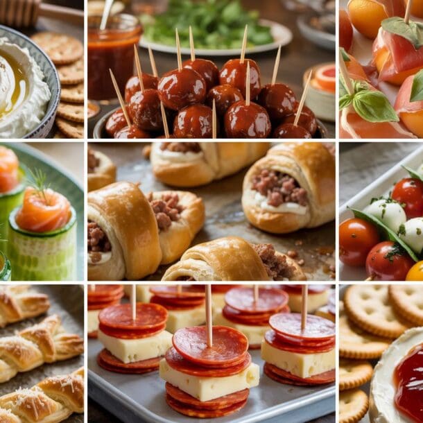 A collage of nine party appetizers, including dips, skewered meatballs, prosciutto-wrapped melon, smoked salmon bites, sausage rolls, caprese skewers, puff pastry twists, pepperoni and cheese stacks, and crackers with jelly.