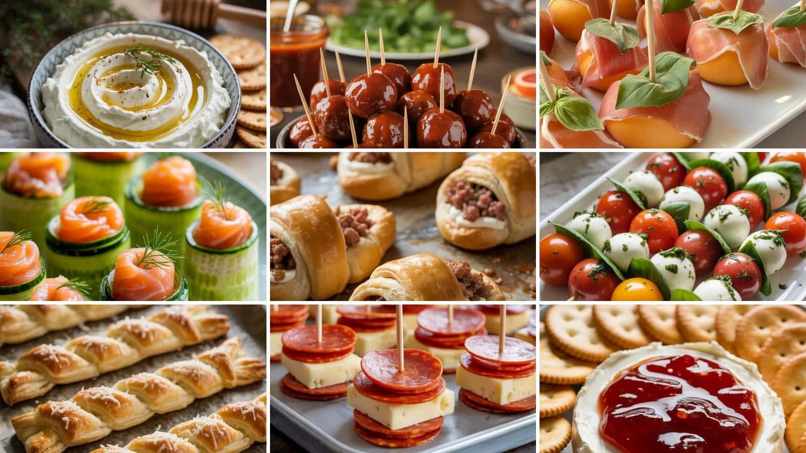 A collage of nine party appetizers, including dips, skewered meatballs, prosciutto-wrapped melon, smoked salmon bites, sausage rolls, caprese skewers, puff pastry twists, pepperoni and cheese stacks, and crackers with jelly.
