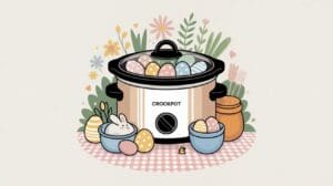 A crockpot filled with decorated Easter eggs sits on a gingham cloth, surrounded by flowers, a bowl with a bunny and eggs, a honey jar, and greenery in the background.