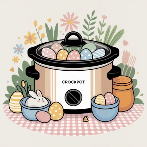 A crockpot filled with decorated Easter eggs sits on a gingham cloth, surrounded by flowers, a bowl with a bunny and eggs, a honey jar, and greenery in the background.