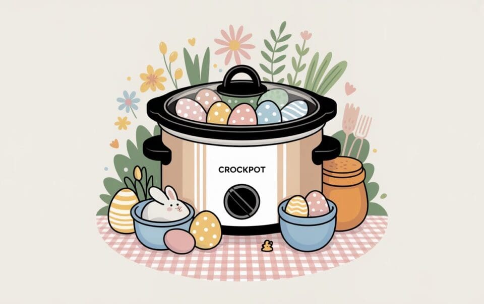 A crockpot filled with decorated Easter eggs sits on a gingham cloth, surrounded by flowers, a bowl with a bunny and eggs, a honey jar, and greenery in the background.