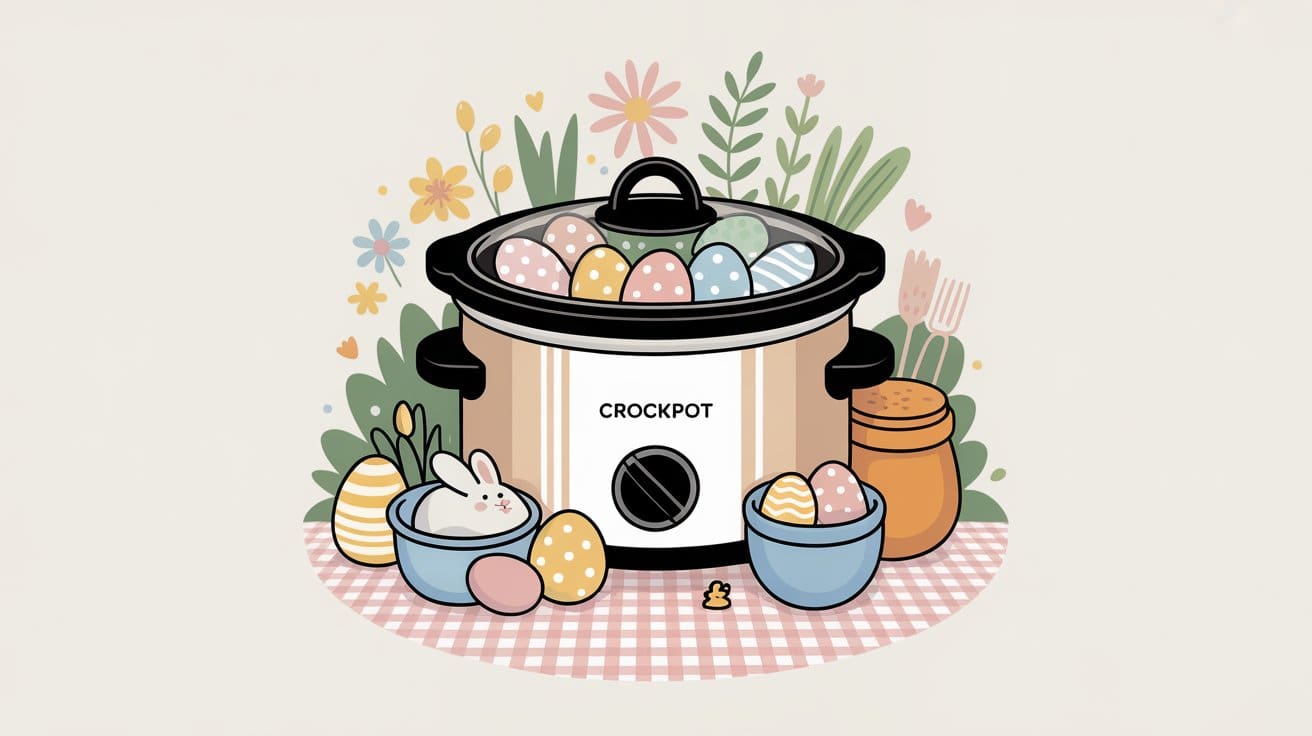A crockpot filled with decorated Easter eggs sits on a gingham cloth, surrounded by flowers, a bowl with a bunny and eggs, a honey jar, and greenery in the background.