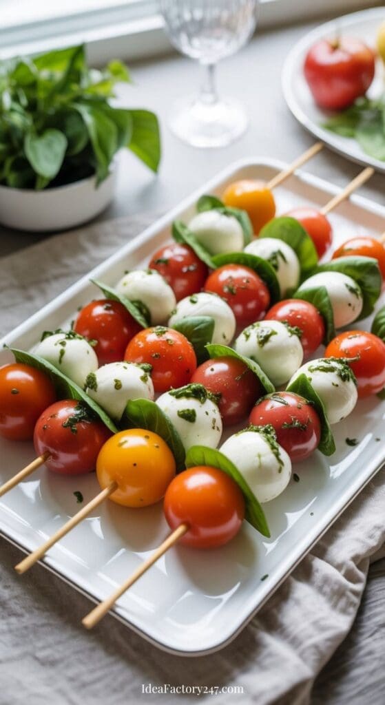 Skewers of cherry tomatoes, mozzarella balls, and fresh basil leaves arranged on a white platter, garnished with herbs. A bowl of basil and a plate with tomatoes are in the background.