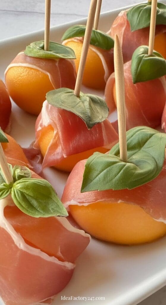 Slices of cantaloupe wrapped in prosciutto, each topped with a basil leaf and secured with a wooden toothpick, arranged on a white rectangular plate.