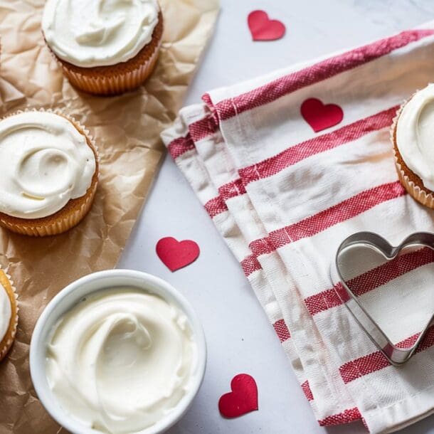 Cupcakes with white frosting on parchment paper and a striped towel, a bowl of frosting, a heart-shaped cookie cutter, and red paper hearts scattered around, creating a festive and sweet atmosphere.