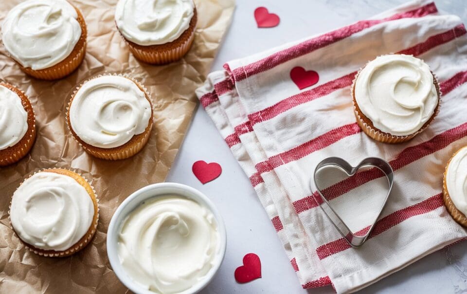 Cupcakes with white frosting on parchment paper and a striped towel, a bowl of frosting, a heart-shaped cookie cutter, and red paper hearts scattered around, creating a festive and sweet atmosphere.