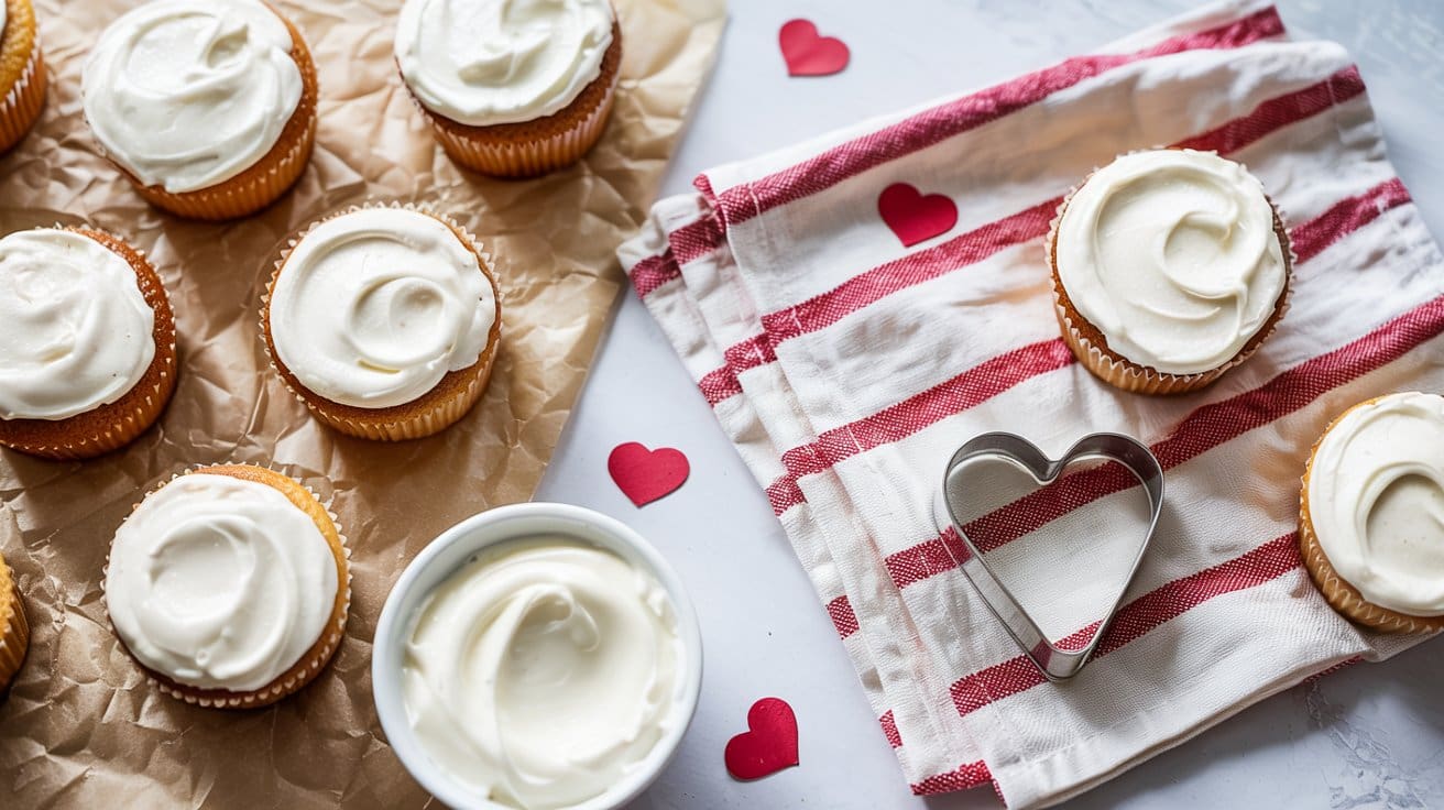 Cupcakes with white frosting on parchment paper and a striped towel, a bowl of frosting, a heart-shaped cookie cutter, and red paper hearts scattered around, creating a festive and sweet atmosphere.