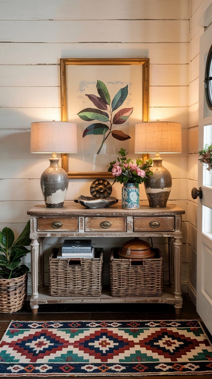 A rustic entryway features a wooden console table with two lamps, a floral vase, books, and decorative items. Wicker baskets sit below, a framed botanical artwork hangs above, and a colorful patterned rug lies on the floor.