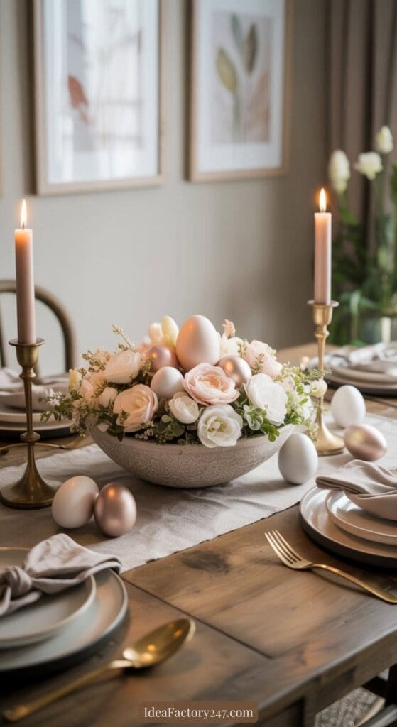 A dining table set with plates, napkins, and cutlery features a centerpiece of pastel and metallic eggs and flowers in a bowl, flanked by two lit candles in brass holders, creating an elegant, festive atmosphere.