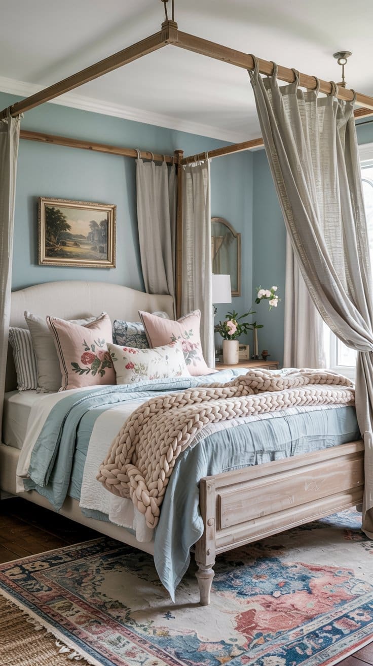 A cozy bedroom with a four-poster bed draped in light curtains, floral pillows, a chunky knit blanket, pastel bedding, an ornate rug, wall art, and fresh flowers on a bedside table by a window.