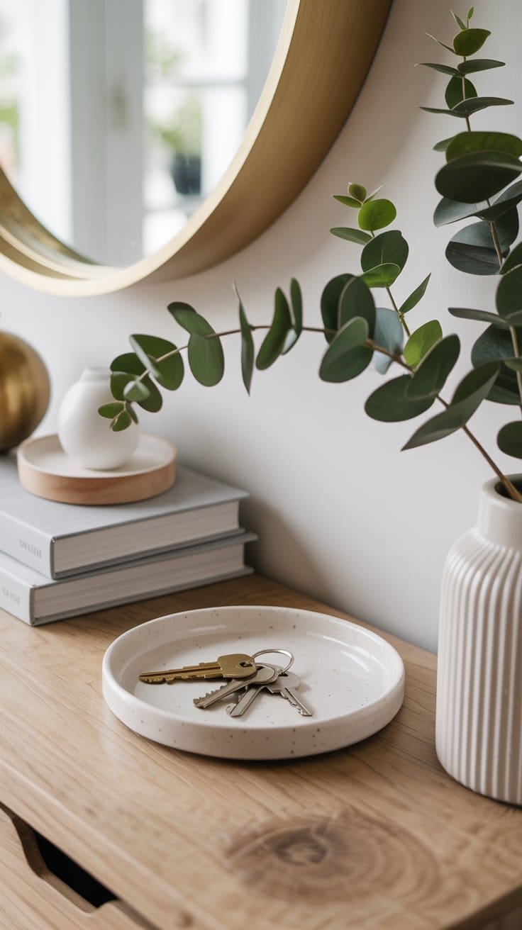 A wooden console table with a round mirror above it, a ceramic vase with green eucalyptus stems, stacked books, and a white dish holding keys and a keyring—perfect spring entryway decor. A blurred window is visible in the background.