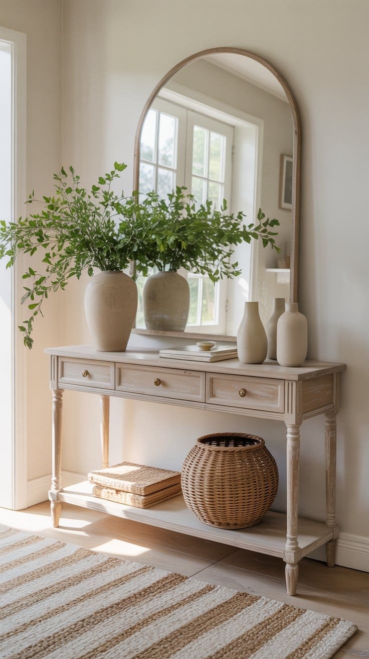 A beige entryway table with drawers holds ceramic vases and green branches in a jug, set against a wall with a large arched mirror. Wicker baskets decorate the lower shelf, perfect for spring entryway decor. A striped rug lies on the floor.