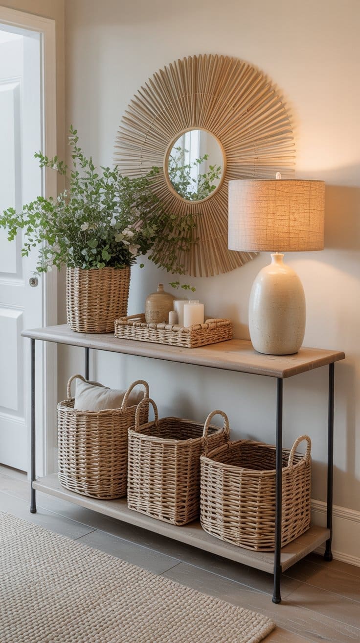 A console table with wicker baskets, a potted plant, candles, and a lamp sits against a beige wall. A round sunburst mirror above adds charm, making this spring entryway decor feel warm, cozy, and perfectly organized.