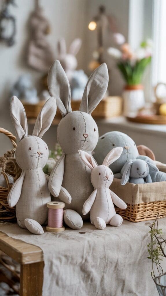 Several handmade fabric bunny dolls in soft pastel colors are arranged on a wooden table and in a basket, with sewing supplies nearby and a cozy, well-lit room in the background.