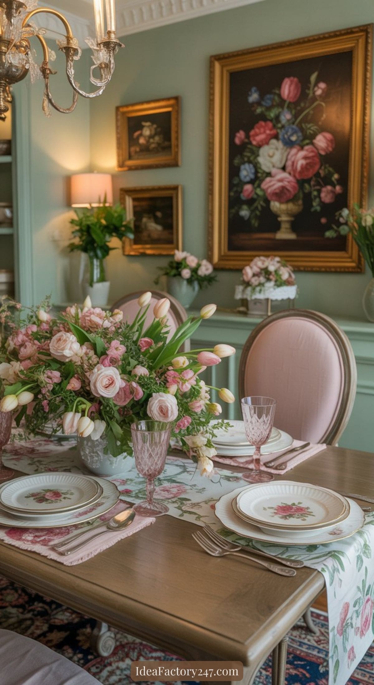 An elegant dining room with a floral centerpiece, pastel pink chairs, floral-patterned plates, pink glassware, and a table runner. The room has mint green walls, framed art, and fresh flower arrangements.