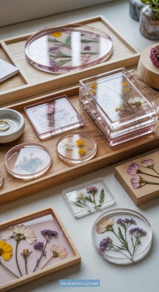 Several clear resin coasters and trays embedded with colorful dried flowers are arranged neatly on a wooden tray and table. Some additional coasters are stacked, and a small card lies nearby.