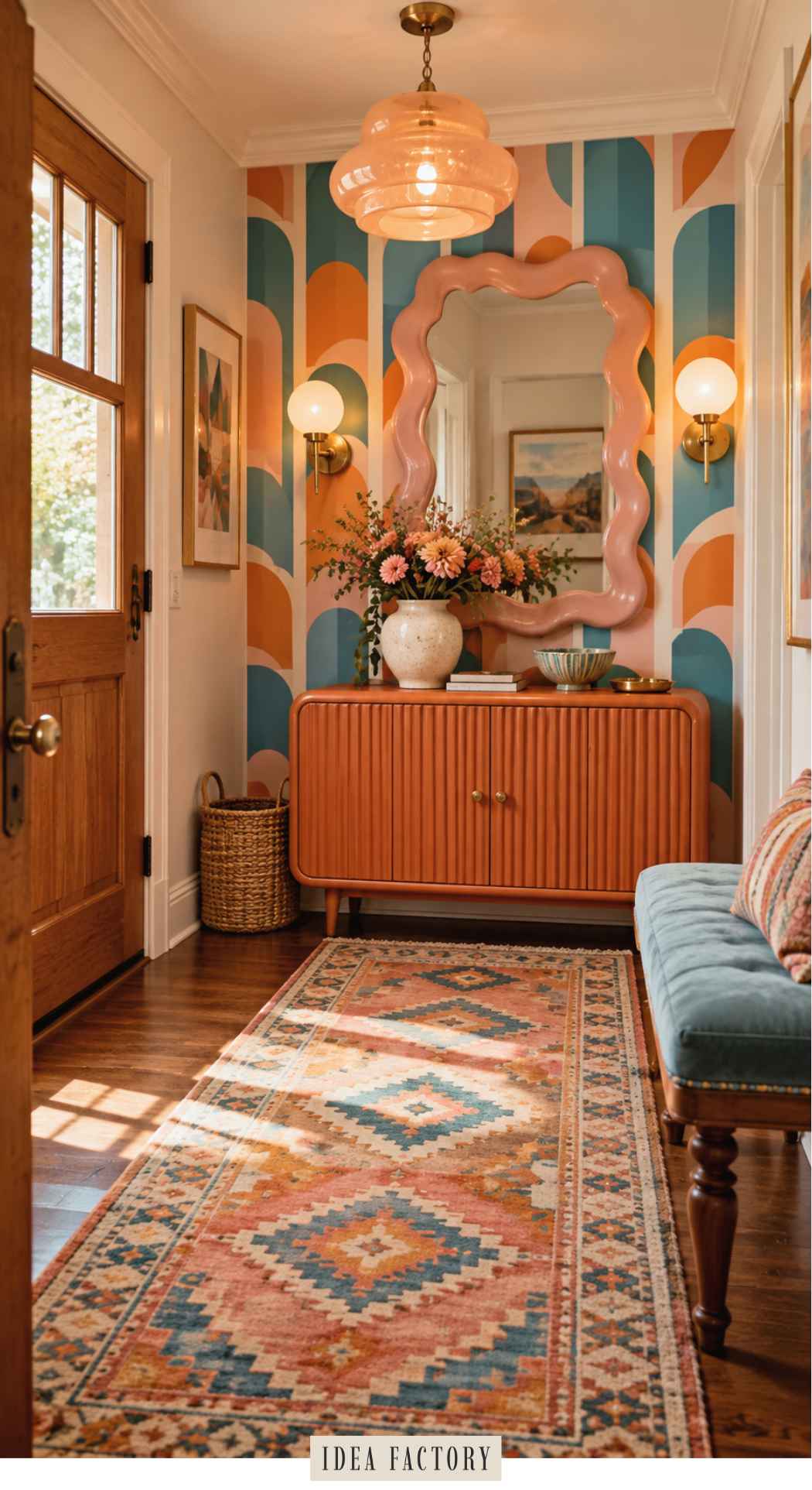 A colorful entryway with a patterned rug, a ribbed orange cabinet, and a wavy-framed mirror centered on a wall with geometric, colorful wallpaper.