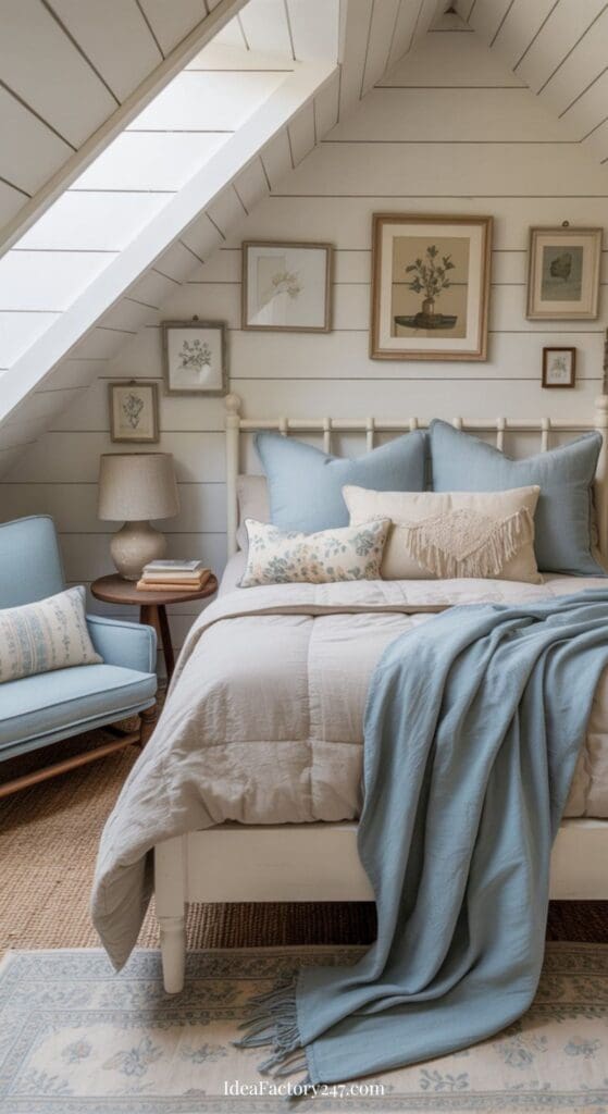 Cozy attic bedroom with white shiplap walls, a bed with blue and beige bedding, throw pillows, and a blue blanket. A blue armchair, wooden nightstand, lamp, and framed art create a relaxing, airy atmosphere.