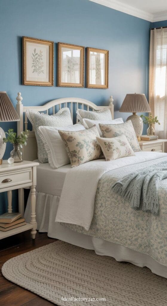 A cozy bedroom with light blue walls, a white bed with floral pillows and a knitted blanket, two nightstands with lamps, and framed botanical prints above the headboard. Sunlight filters through sheer curtains.