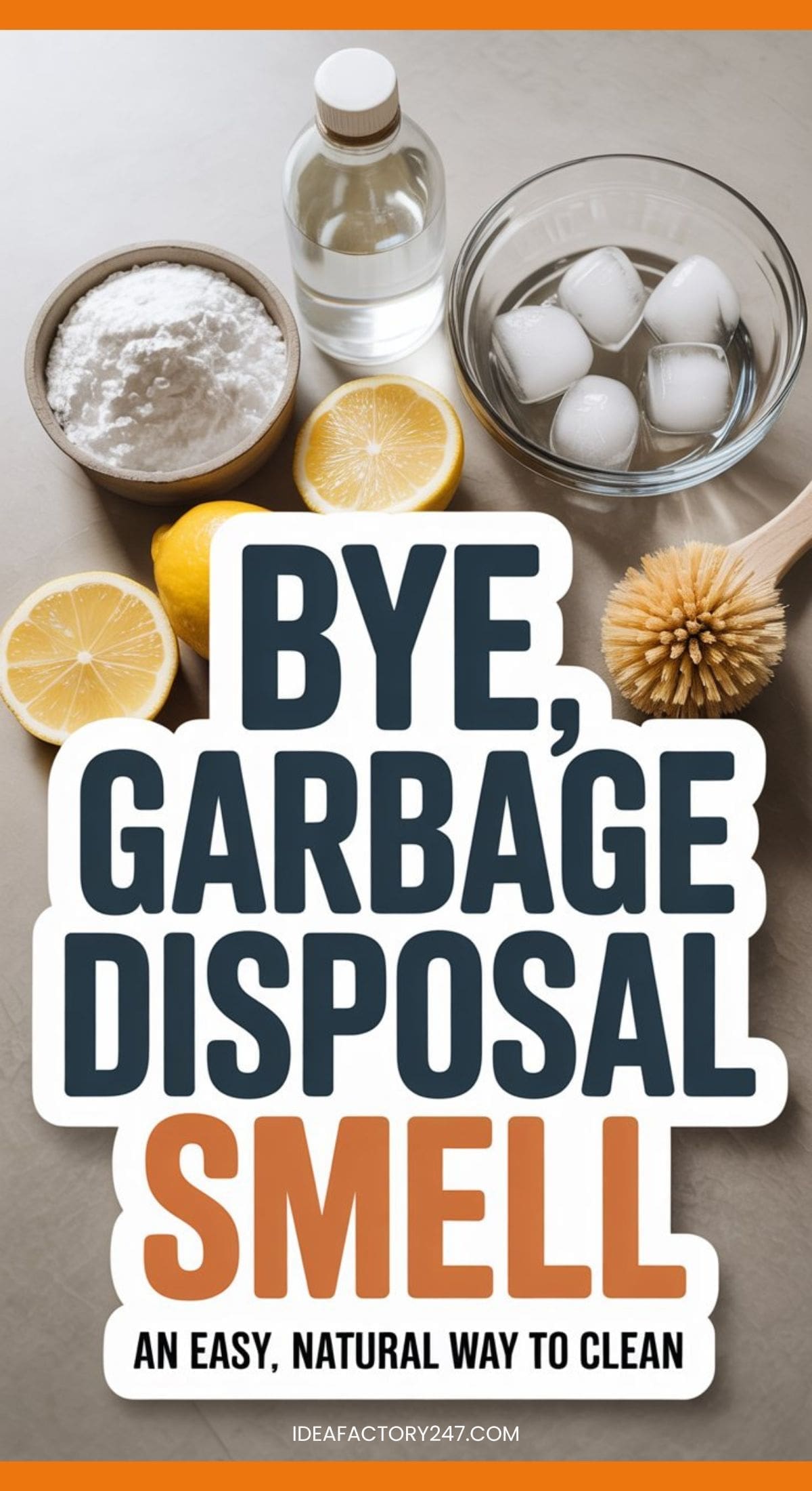 A bowl of baking soda, a bottle of vinegar, lemon halves, ice cubes, and a cleaning brush surround text that reads, Bye, garbage disposal smell. An easy, natural way to clean garbage disposal.