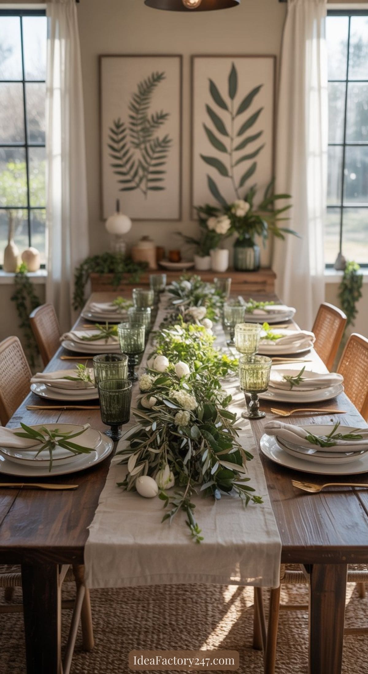 A rustic wooden dining table is set with plates, green glasses, and a centerpiece of greenery and white flowers. The room is bright with natural light, and botanical prints hang on the wall in the background.