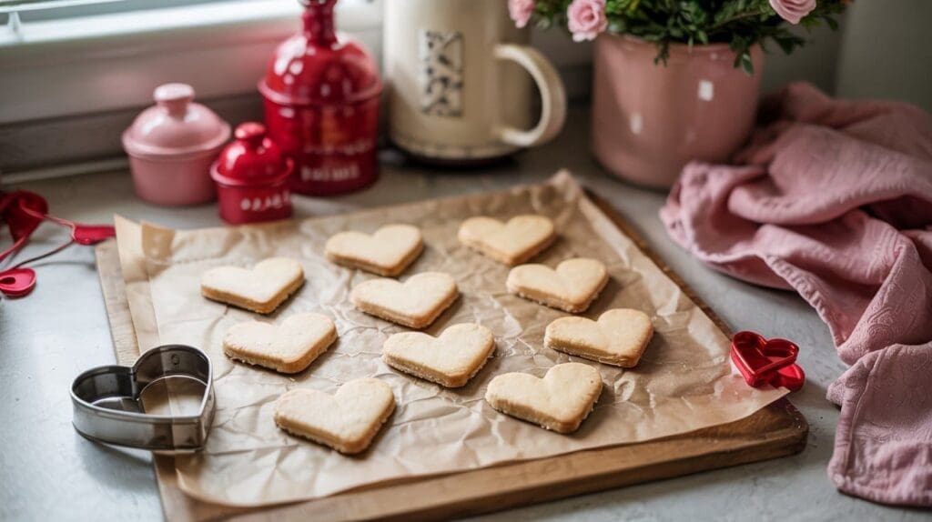 Heart-shaped homemade dog biscuits are arranged on parchment paper atop a baking tray. Surrounding them are heart-shaped cookie cutters, pink cloth, a potted flower, and kitchen canisters, creating a cozy, romantic baking scene.