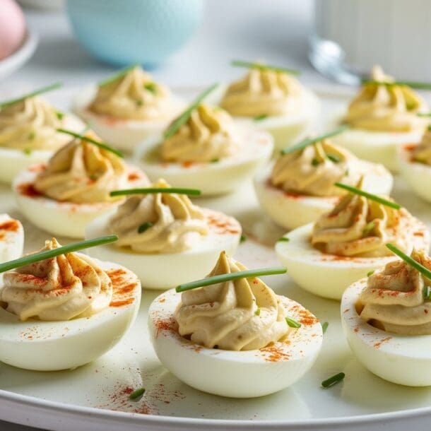 A platter of Greek yogurt deviled eggs topped with paprika and fresh chives, arranged neatly on a white tray. In the background, pastel-colored eggs and kitchen items are visible.