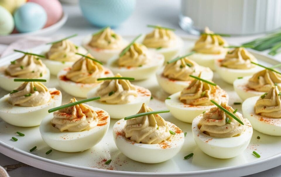 A platter of Greek yogurt deviled eggs topped with paprika and fresh chives, arranged neatly on a white tray. In the background, pastel-colored eggs and kitchen items are visible.