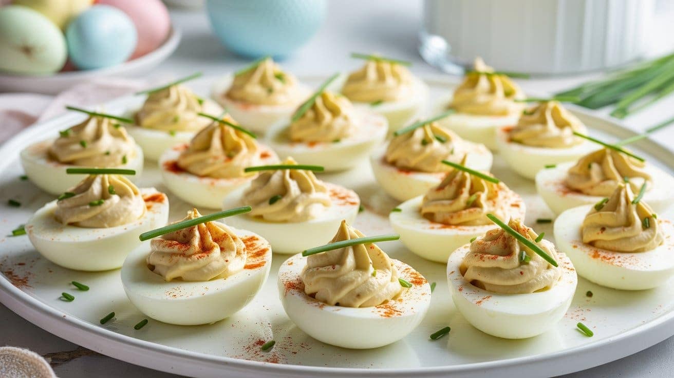 A platter of Greek yogurt deviled eggs topped with paprika and fresh chives, arranged neatly on a white tray. In the background, pastel-colored eggs and kitchen items are visible.