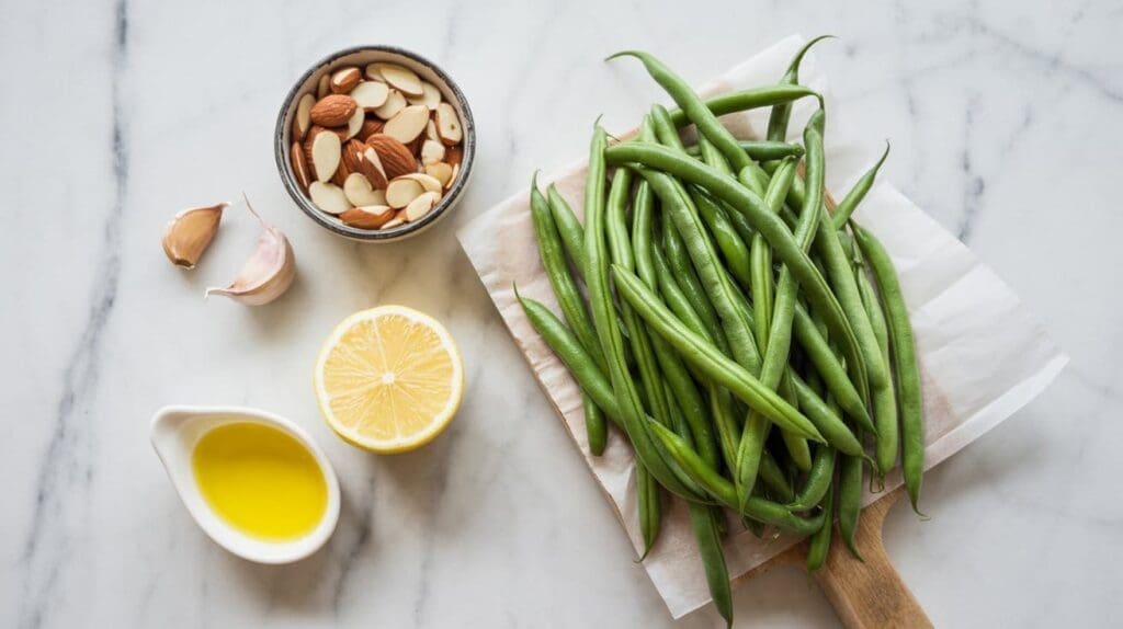 A bundle of fresh green beans on a wooden board, ready for Green Bean Almondine, sits next to a halved lemon, a bowl of mixed almonds, garlic cloves, and a small dish of olive oil on a marble surface.