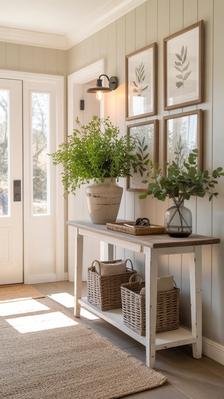 A bright entryway features a white wooden console table with a potted plant, a vase of greenery, and a tray—perfect spring entryway decor. Two wicker baskets rest below, while four botanical prints hang above. Natural light fills the space.