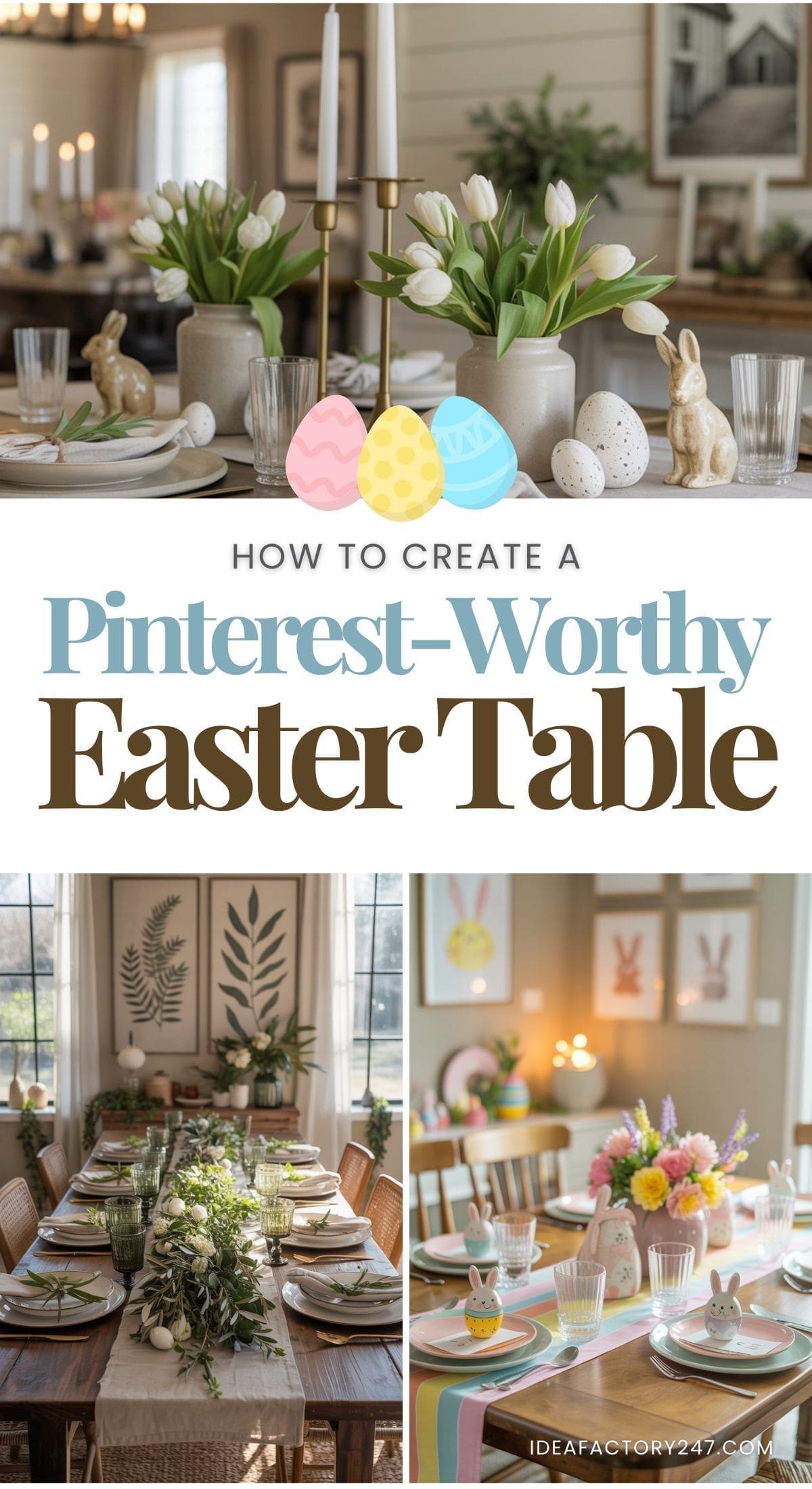 A collage shows elegant Easter table settings with flowers, candles, ceramic bunnies, eggs, and festive decor. Text reads How to create a Pinterest-worthy Easter table.
